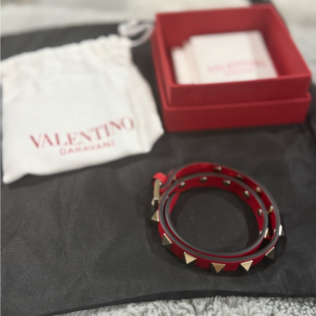 Valentino Garavani Rockstud Double Strap Leather Bracelet Red